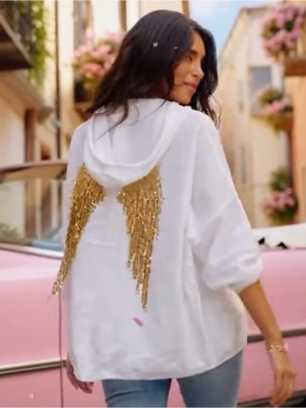 ANGELITO White Hooded  ITALIAN 100 % LINEN  with Gold Sequin Angel Wings